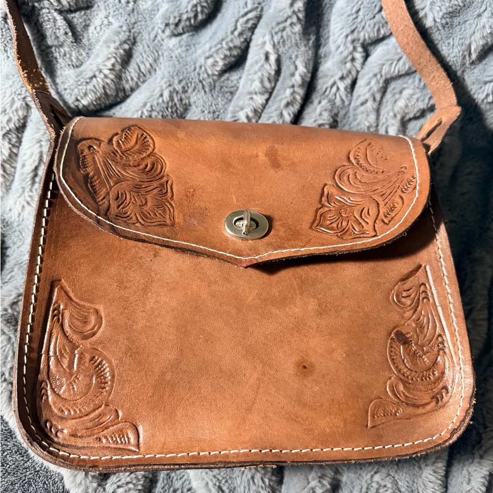 Brown Leather Embossed Shoulder Bag